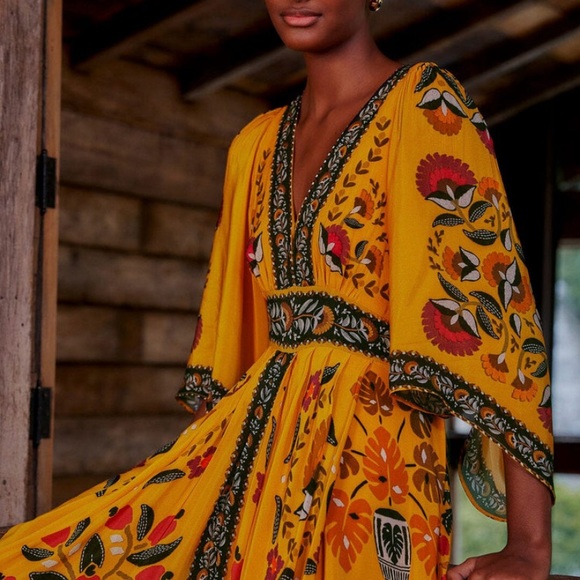 Farm Rio Yellow Tropical Tapestry Kaftan Dress - Picture 6 of 7
